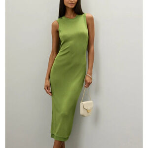 Chartreuse Knit Midi Tank Dress SMALL Bodycon Silky Ruched Designer $445